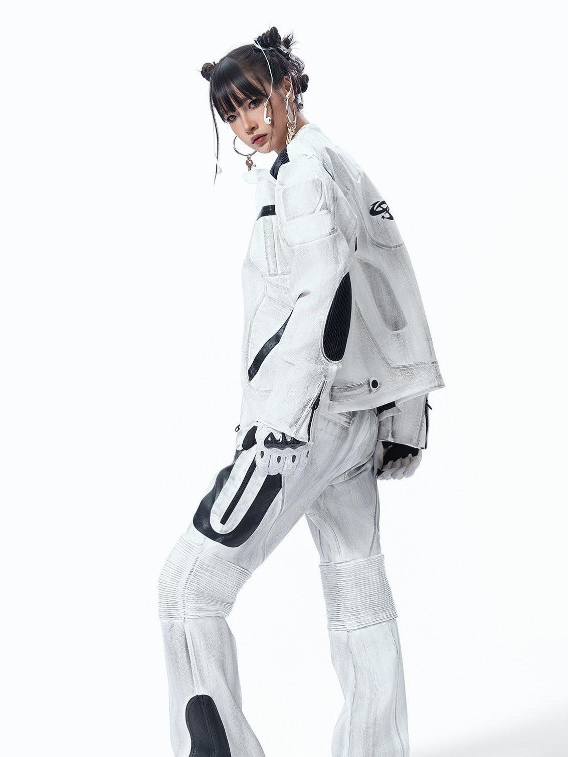 MOGONGSHE White Distressed Techwear Biker Oversized Street Women's Leather Jackets