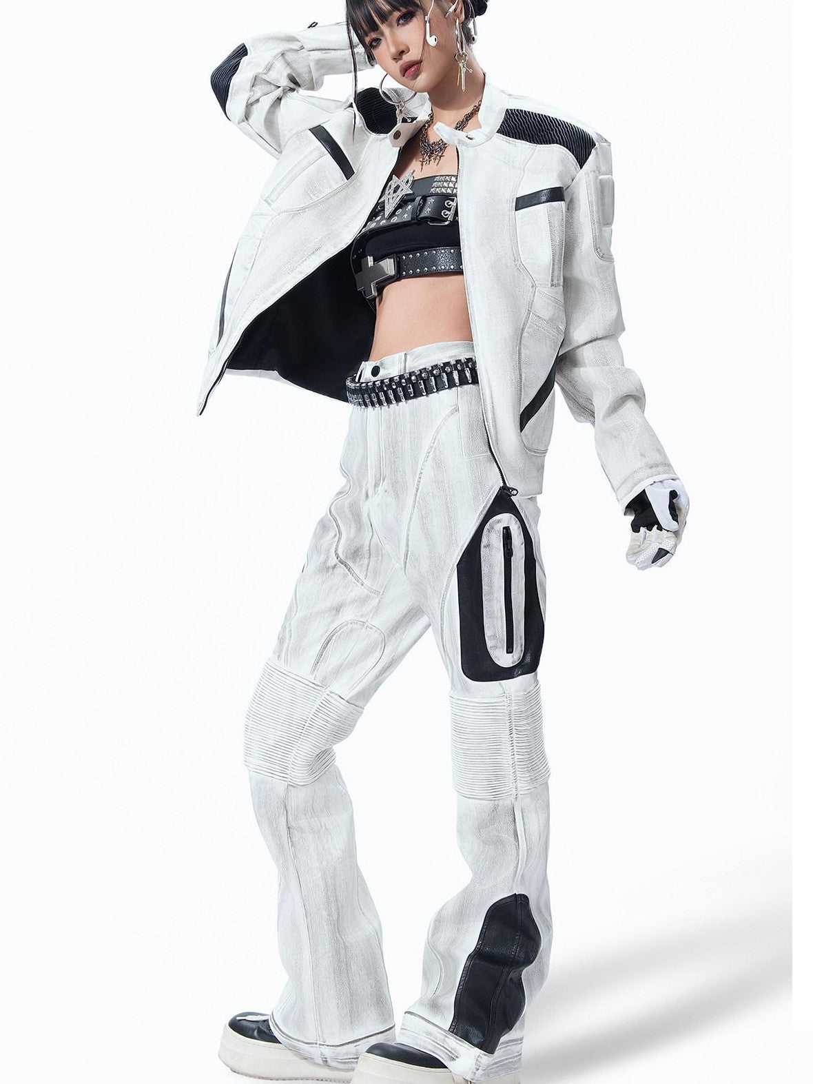 MOGONGSHE White Distressed Techwear Biker Oversized Street Women's Leather Jackets