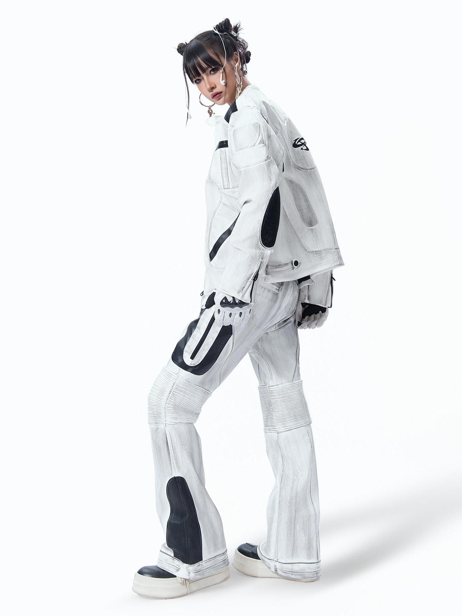 MOGONGSHE White Distressed Techwear Biker Oversized Street Women's Leather Jackets