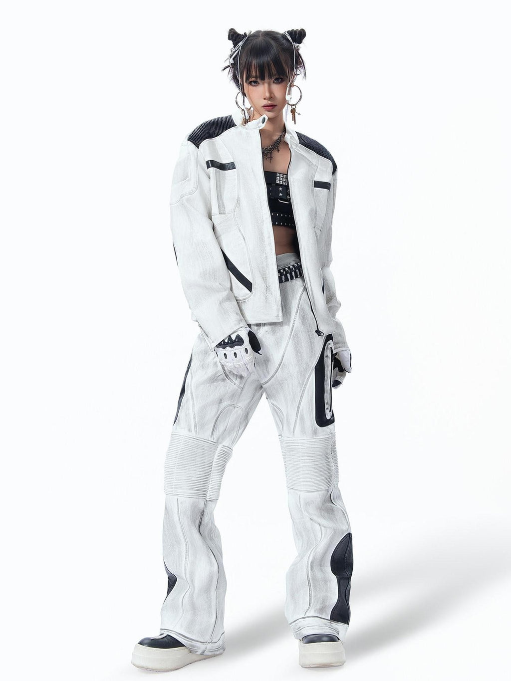 MOGONGSHE White Distressed Techwear Biker Oversized Street Women's Leather Jackets