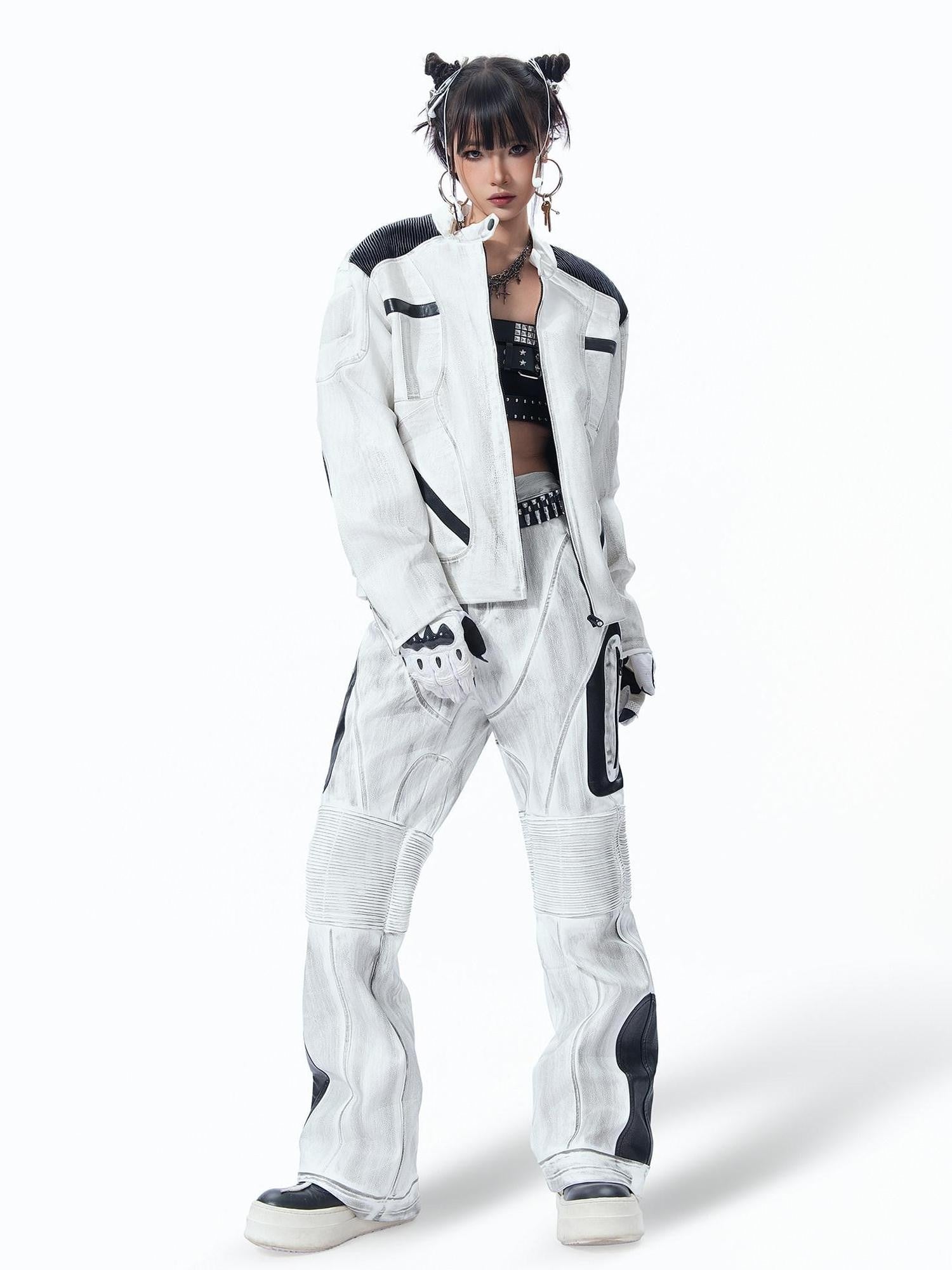 MOGONGSHE White Distressed Techwear Biker Oversized Street Women's Leather Jackets