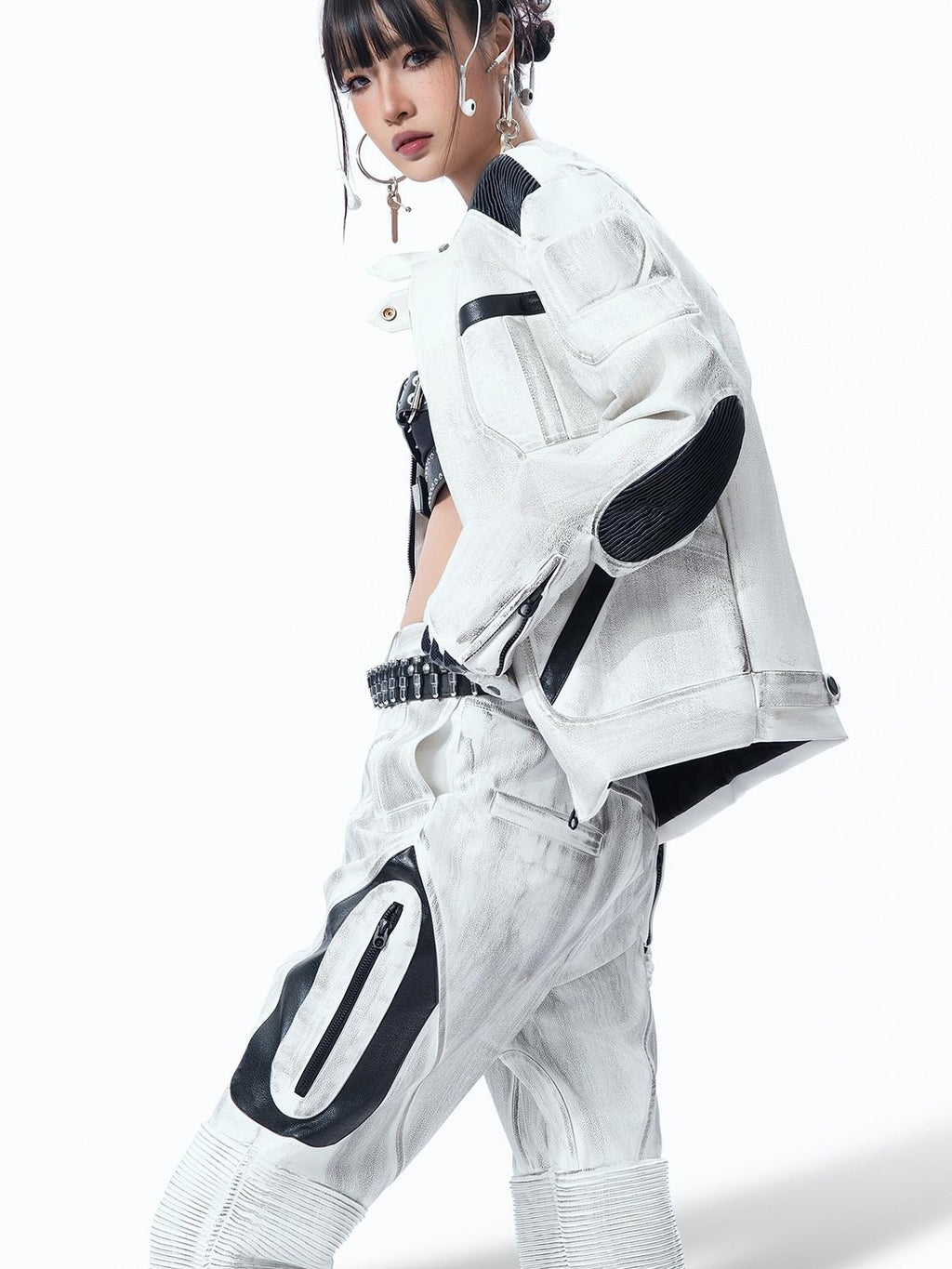 MOGONGSHE White Distressed Techwear Biker Oversized Street Women's Leather Jackets