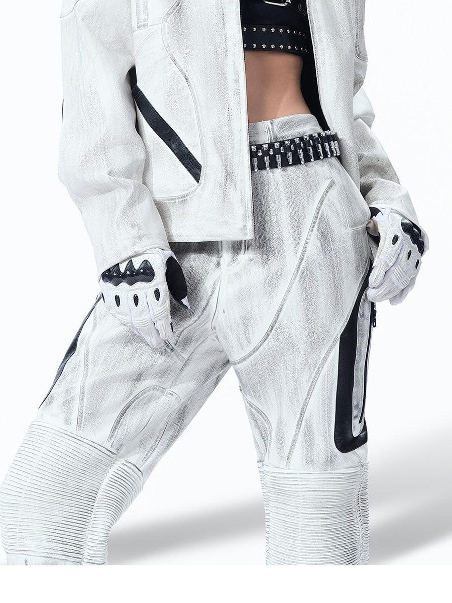 MOGONGSHE White Distressed Techwear Biker Oversized Street Women's Leather Jackets