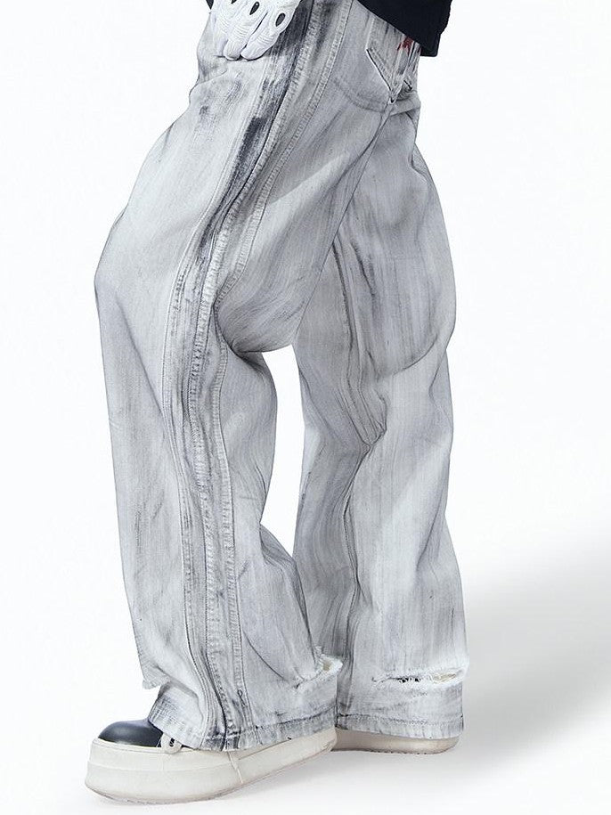 MOGONGSHE White Hiphop Street Distressed Washed Baggy Bf Women's Denim Wide-leg Jeans