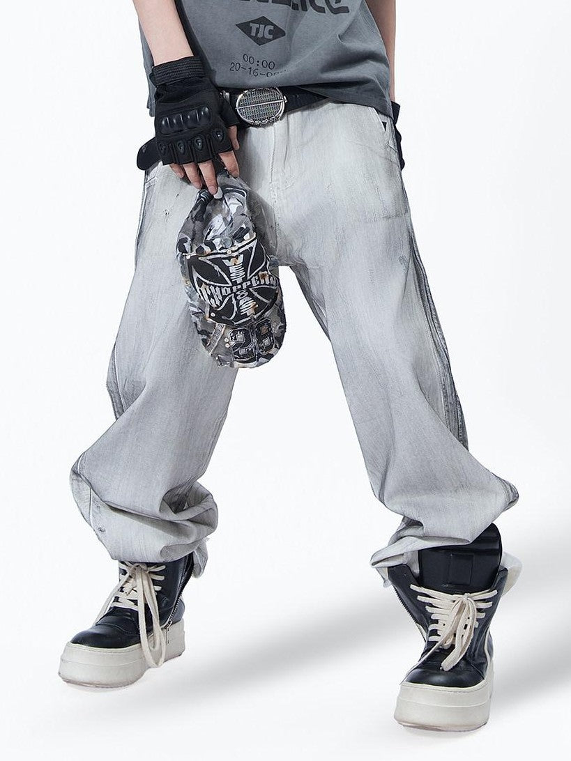 MOGONGSHE White Hiphop Street Distressed Washed Baggy Bf Women's Denim Wide-leg Jeans