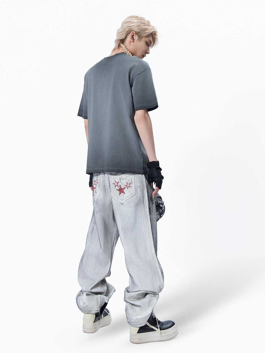 MOGONGSHE White Hiphop Street Distressed Washed Baggy Bf Women's Denim Wide-leg Jeans