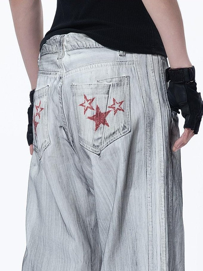 MOGONGSHE White Hiphop Street Distressed Washed Baggy Bf Women's Denim Wide-leg Jeans