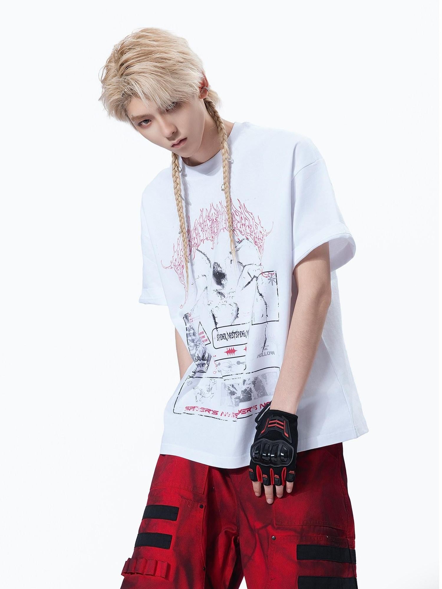 MOGONGSHE White Printed Vintage American Street Relaxed Fit Women's Short Sleeve T-shirts