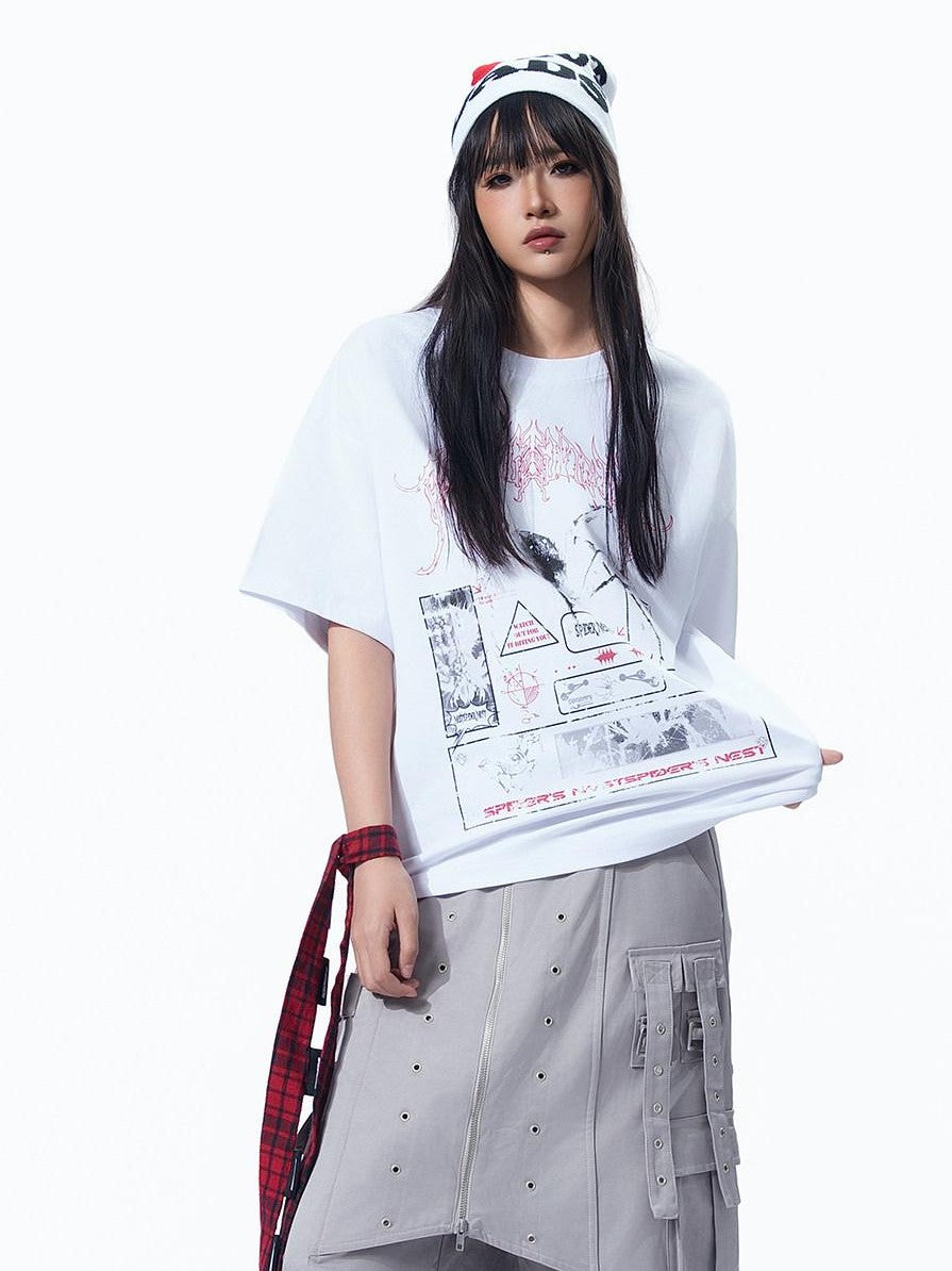 MOGONGSHE White Printed Vintage American Street Relaxed Fit Women's Short Sleeve T-shirts
