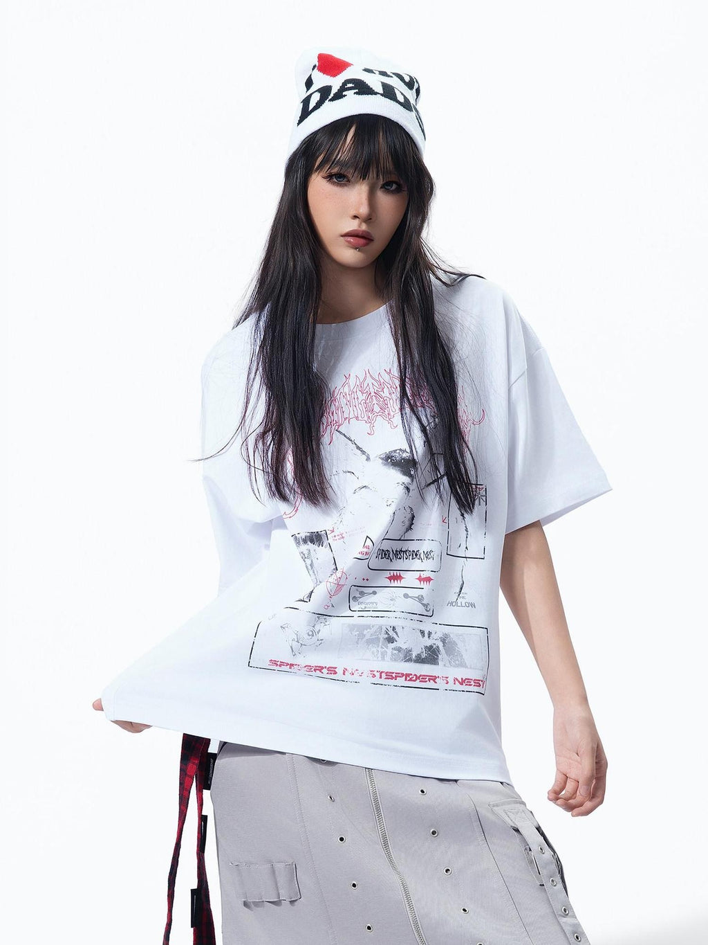 MOGONGSHE White Printed Vintage American Street Relaxed Fit Women's Short Sleeve T-shirts