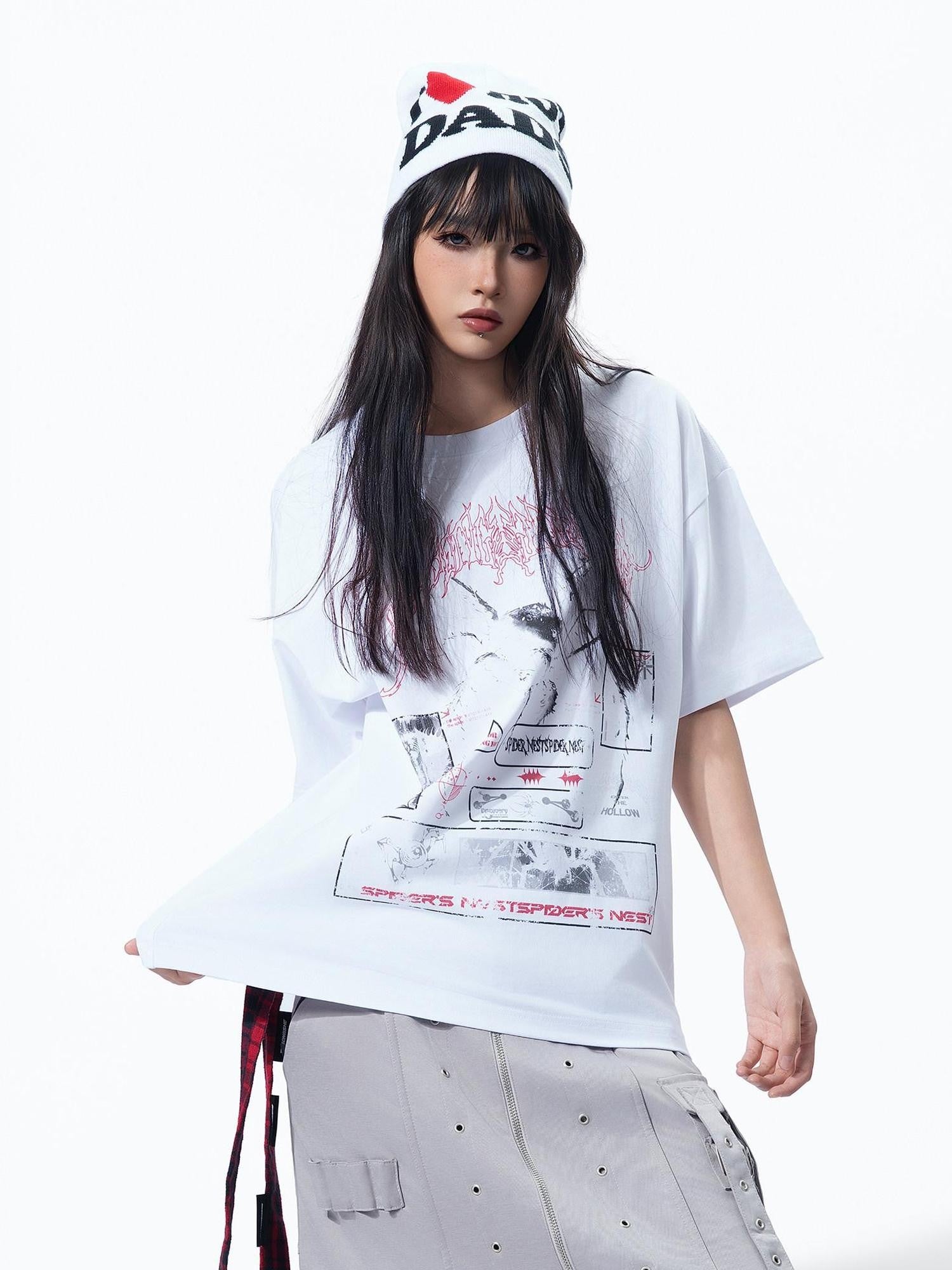 MOGONGSHE White Printed Vintage American Street Relaxed Fit Women's Short Sleeve T-shirts