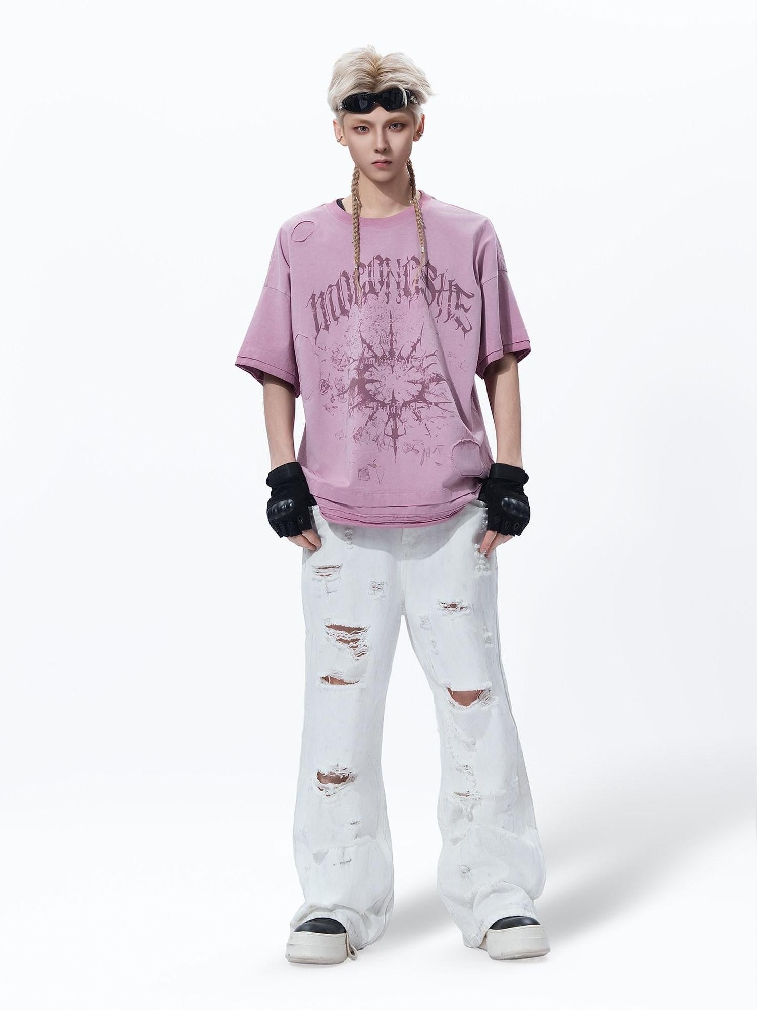 MOGONGSHE White Washed Big Ripped Relaxed Women's Denim Distressed Jeans
