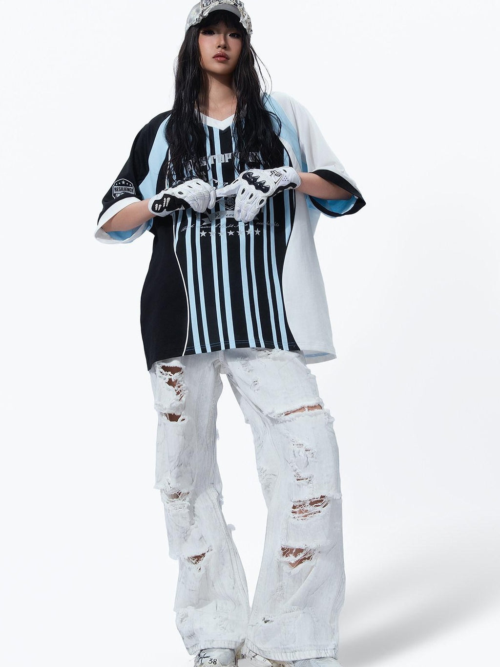 MOGONGSHE White Washed Big Ripped Relaxed Women's Denim Distressed Jeans