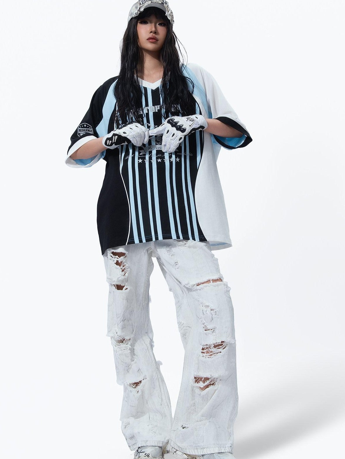 MOGONGSHE White Washed Big Ripped Relaxed Women's Denim Distressed Jeans