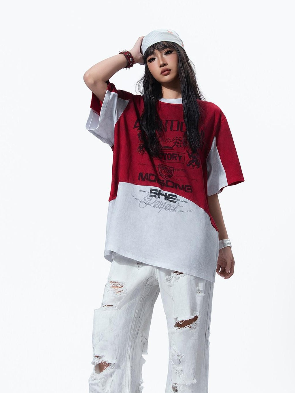 MOGONGSHE White Washed Big Ripped Relaxed Women's Denim Distressed Jeans