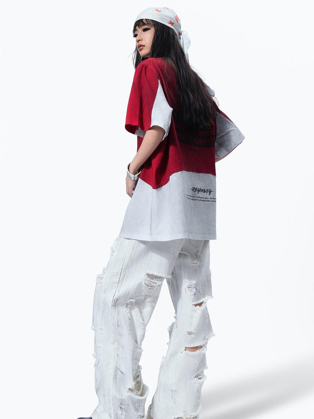 MOGONGSHE White Washed Big Ripped Relaxed Women's Denim Distressed Jeans