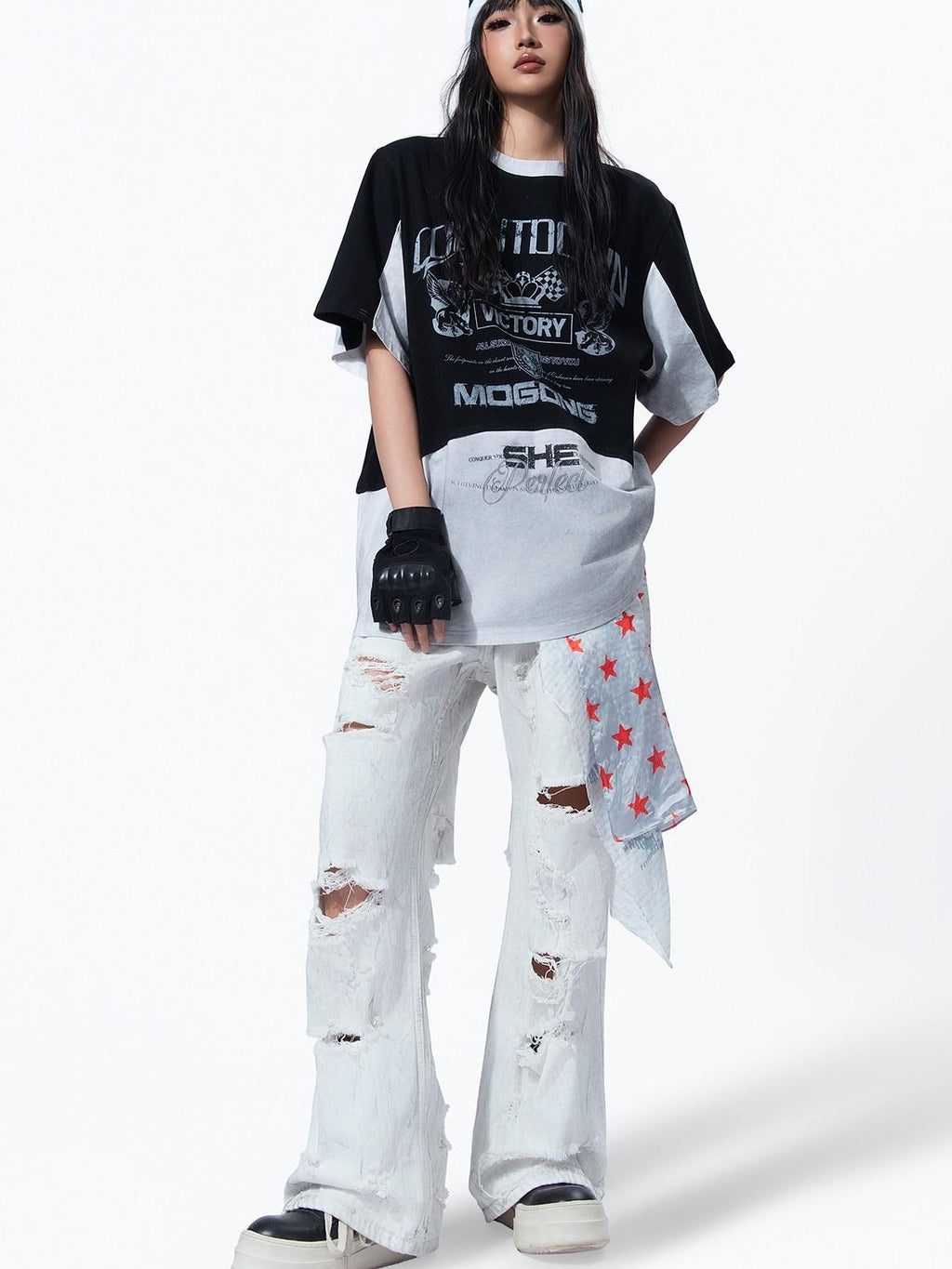 MOGONGSHE White Washed Big Ripped Relaxed Women's Denim Distressed Jeans