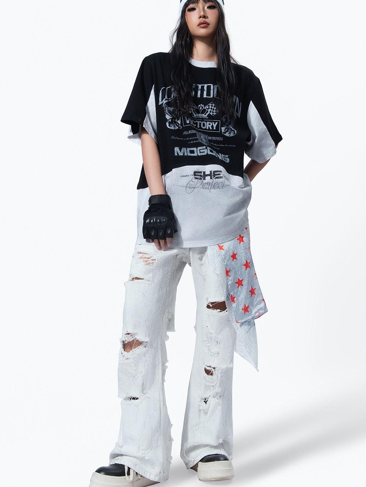 MOGONGSHE White Washed Big Ripped Relaxed Women's Denim Distressed Jeans
