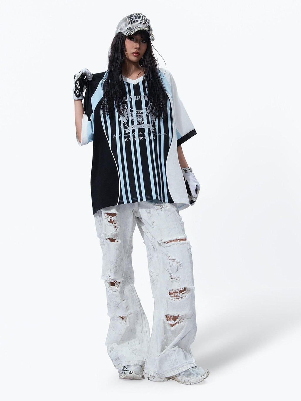 MOGONGSHE White Washed Big Ripped Relaxed Women's Denim Distressed Jeans