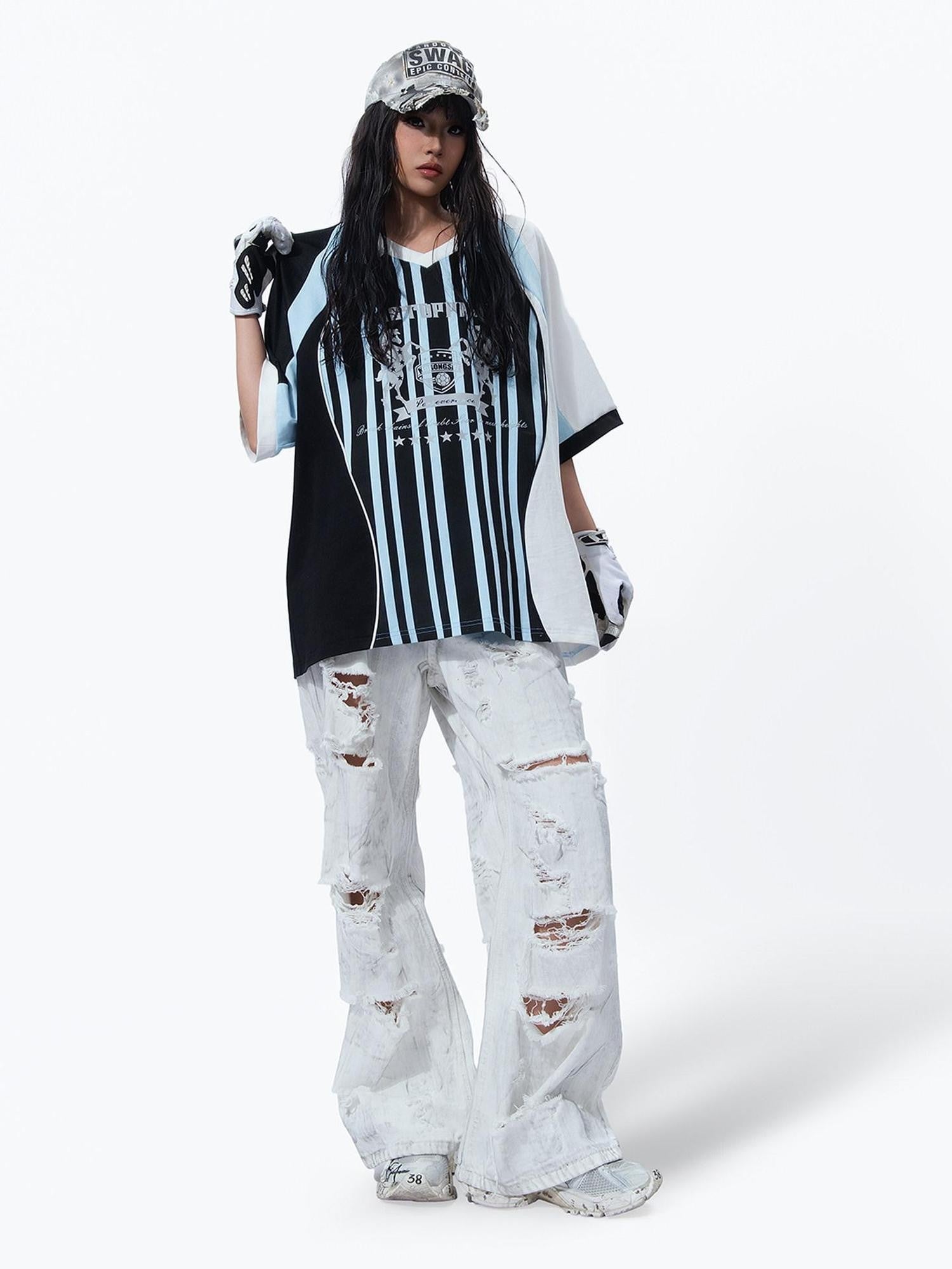 MOGONGSHE White Washed Big Ripped Relaxed Women's Denim Distressed Jeans