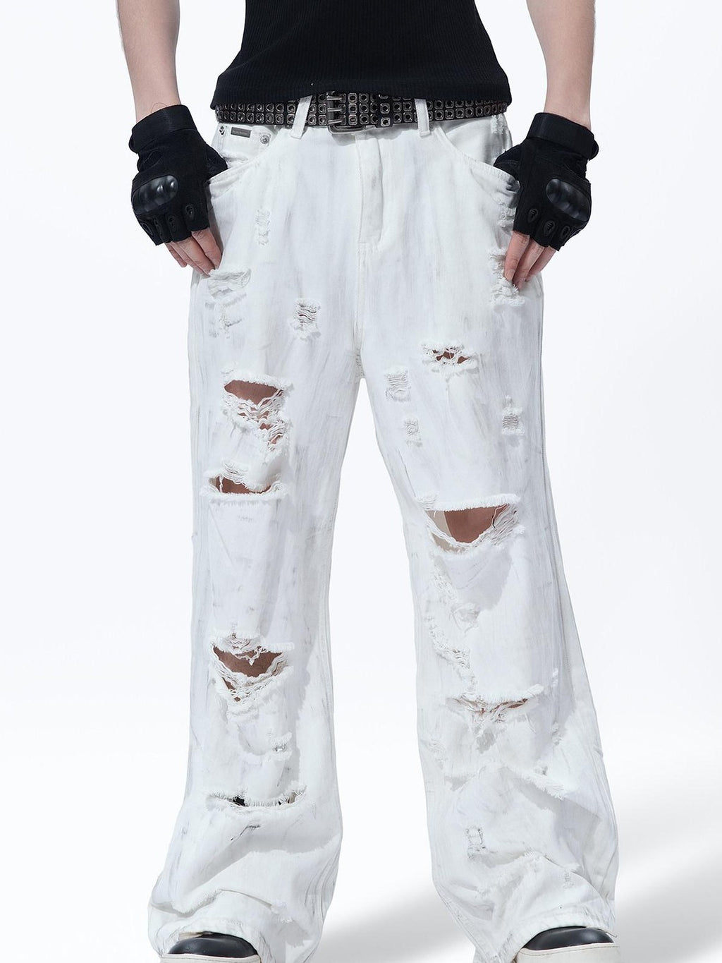 MOGONGSHE White Washed Big Ripped Relaxed Women's Denim Distressed Jeans