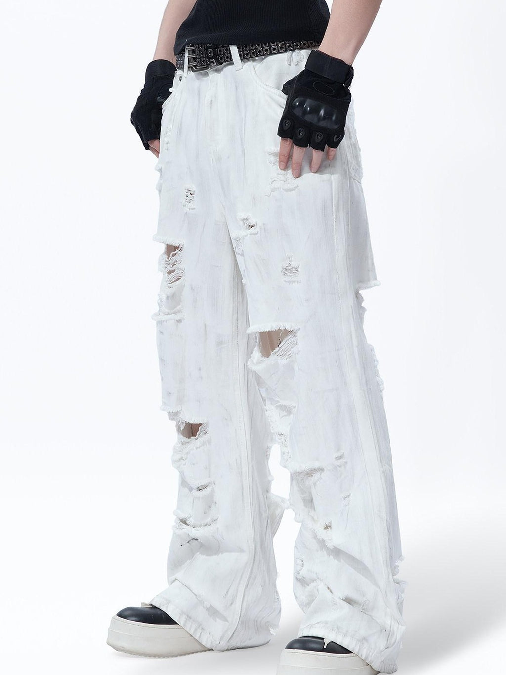 MOGONGSHE White Washed Big Ripped Relaxed Women's Denim Distressed Jeans