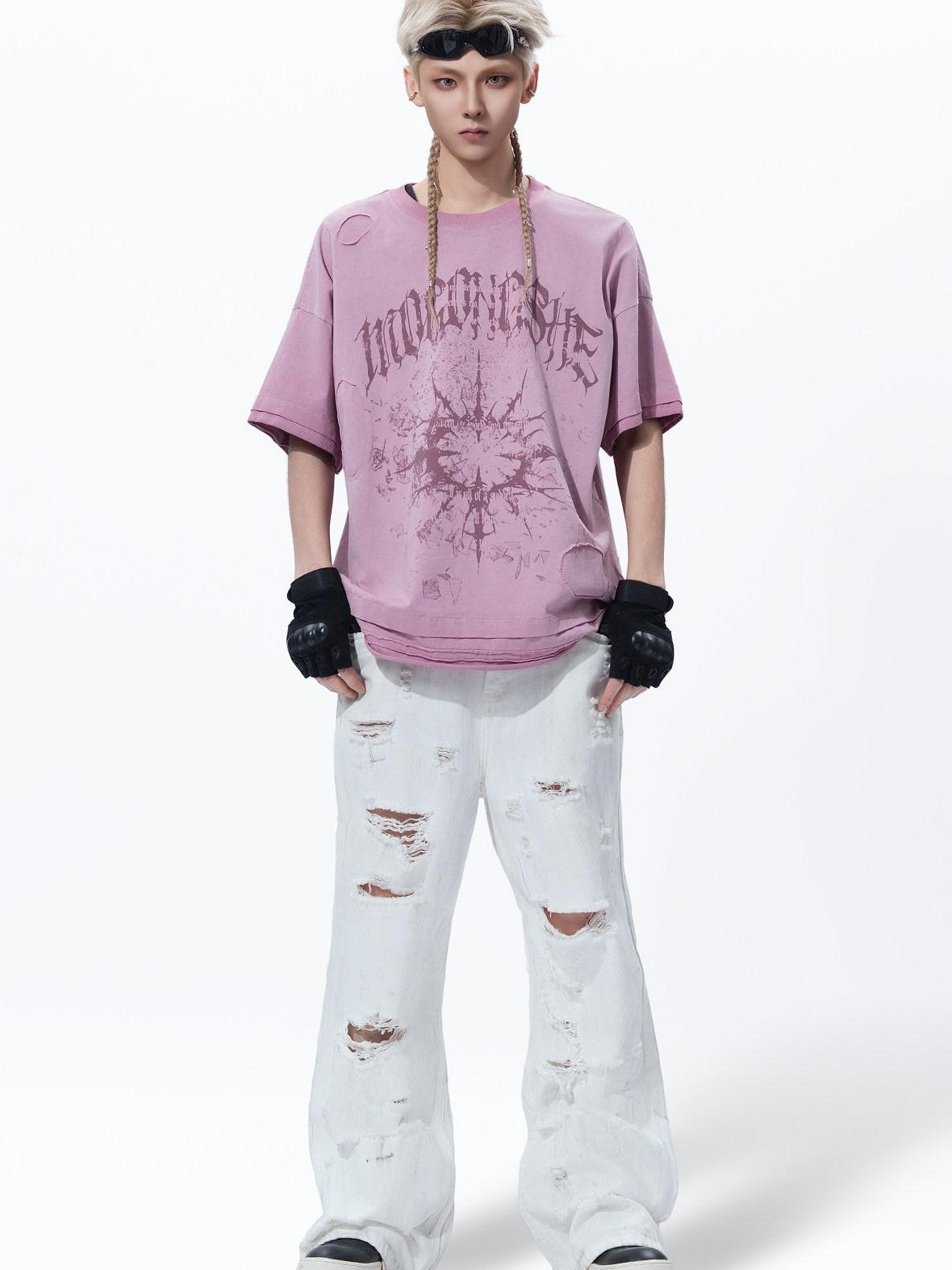 MOGONGSHE White Washed Big Ripped Relaxed Women's Denim Distressed Jeans