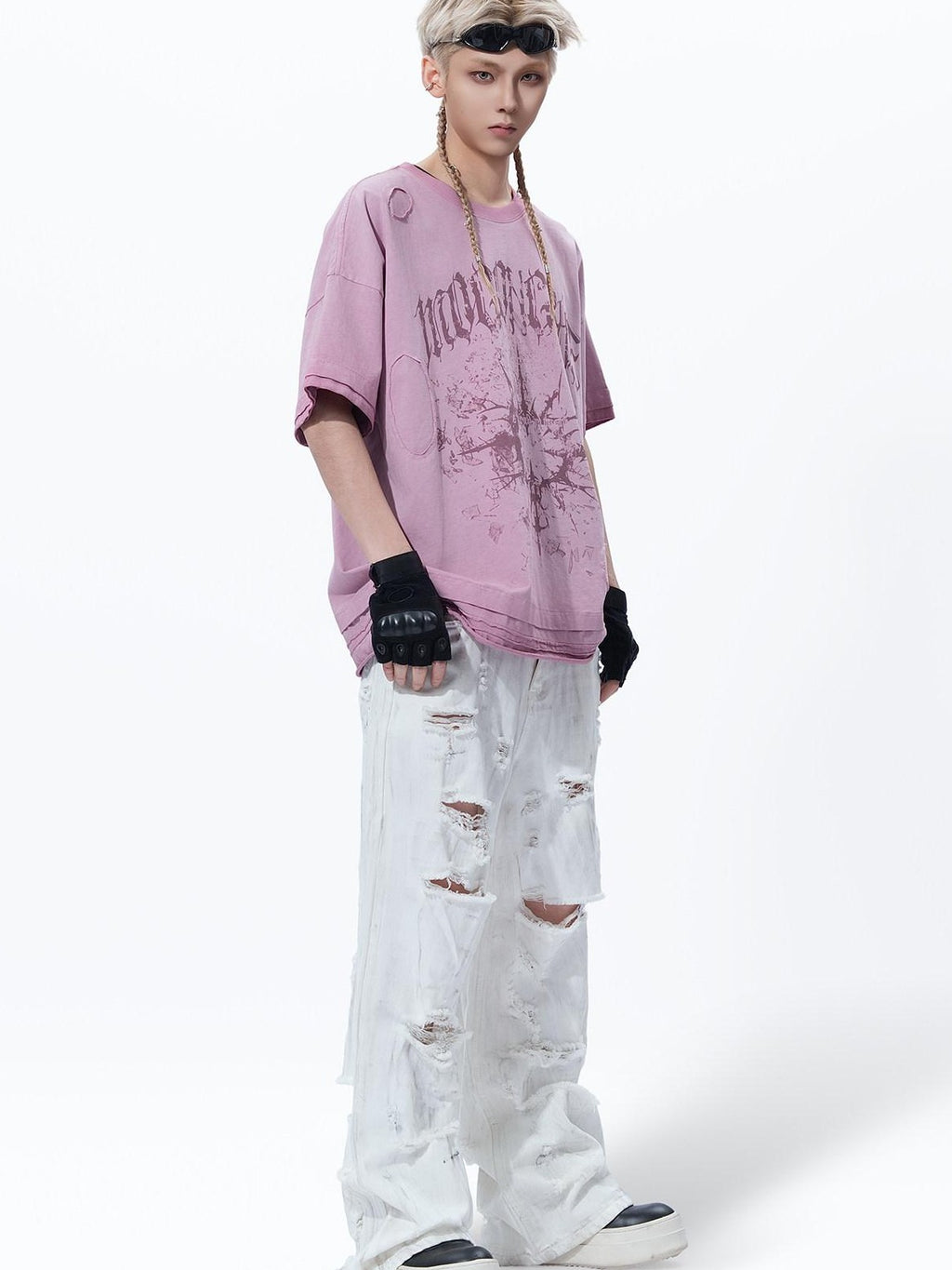 MOGONGSHE White Washed Big Ripped Relaxed Women's Denim Distressed Jeans