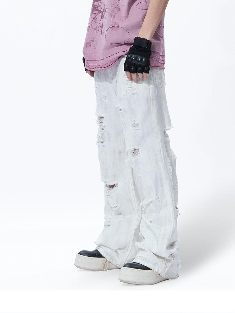 MOGONGSHE White Washed Big Ripped Relaxed Women's Denim Distressed Jeans