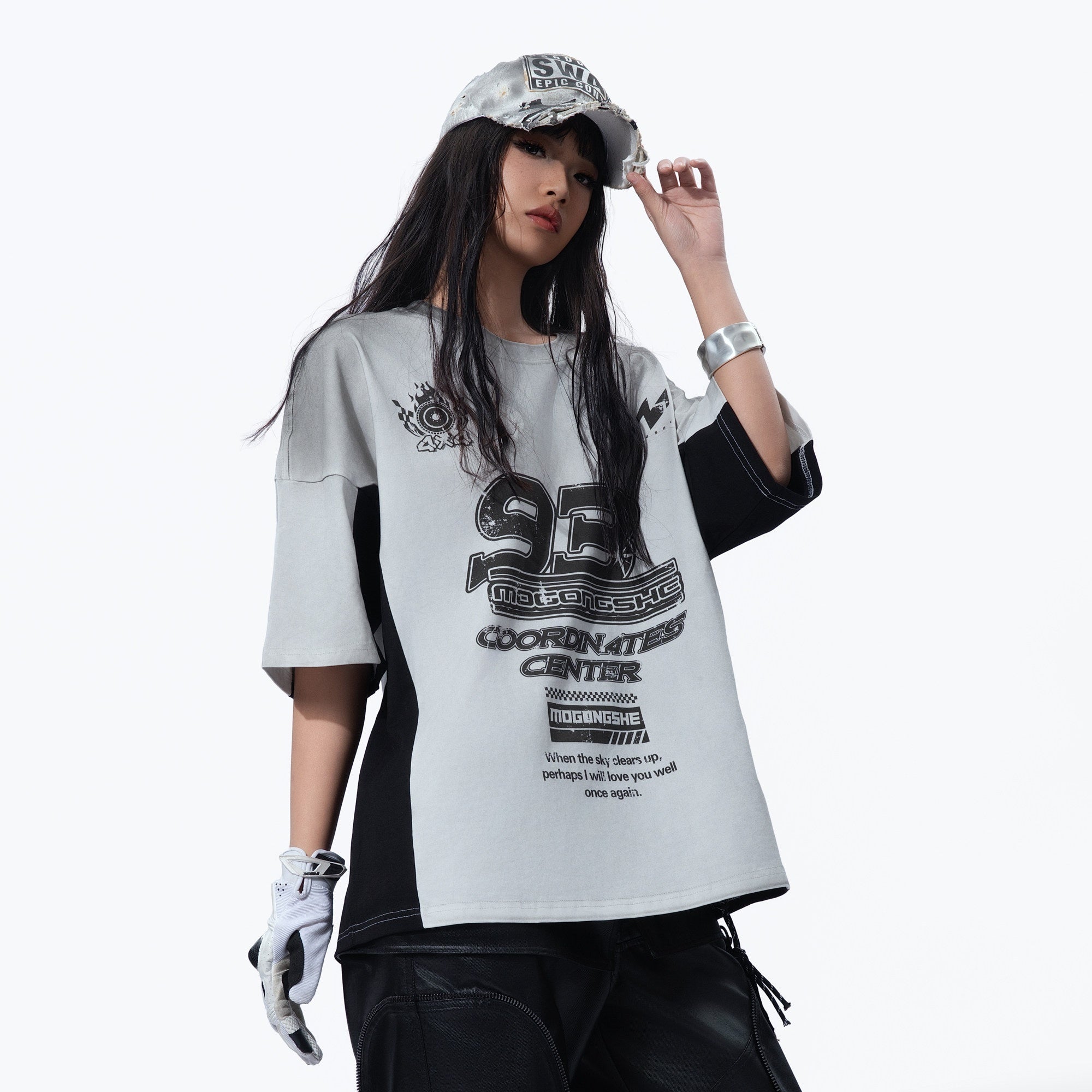 MOGONGSHE_Yellow_Patchwork_Distressed_Motorcycle_Racing_Women's_Short_Sleeve_T-shirts_930852875011_MISSTT