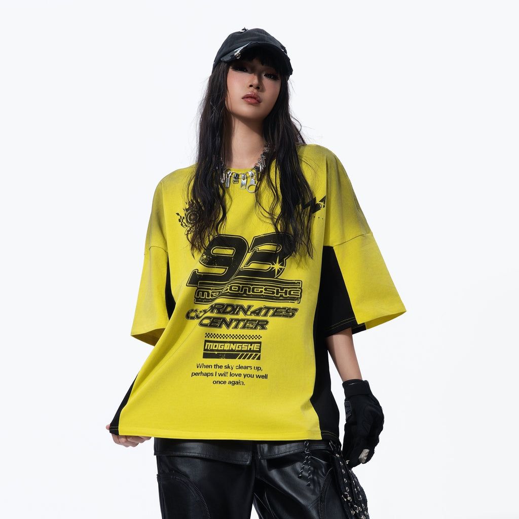 MOGONGSHE_Yellow_Patchwork_Distressed_Motorcycle_Racing_Women's_Short_Sleeve_T-shirts_930852875011_MISSTT