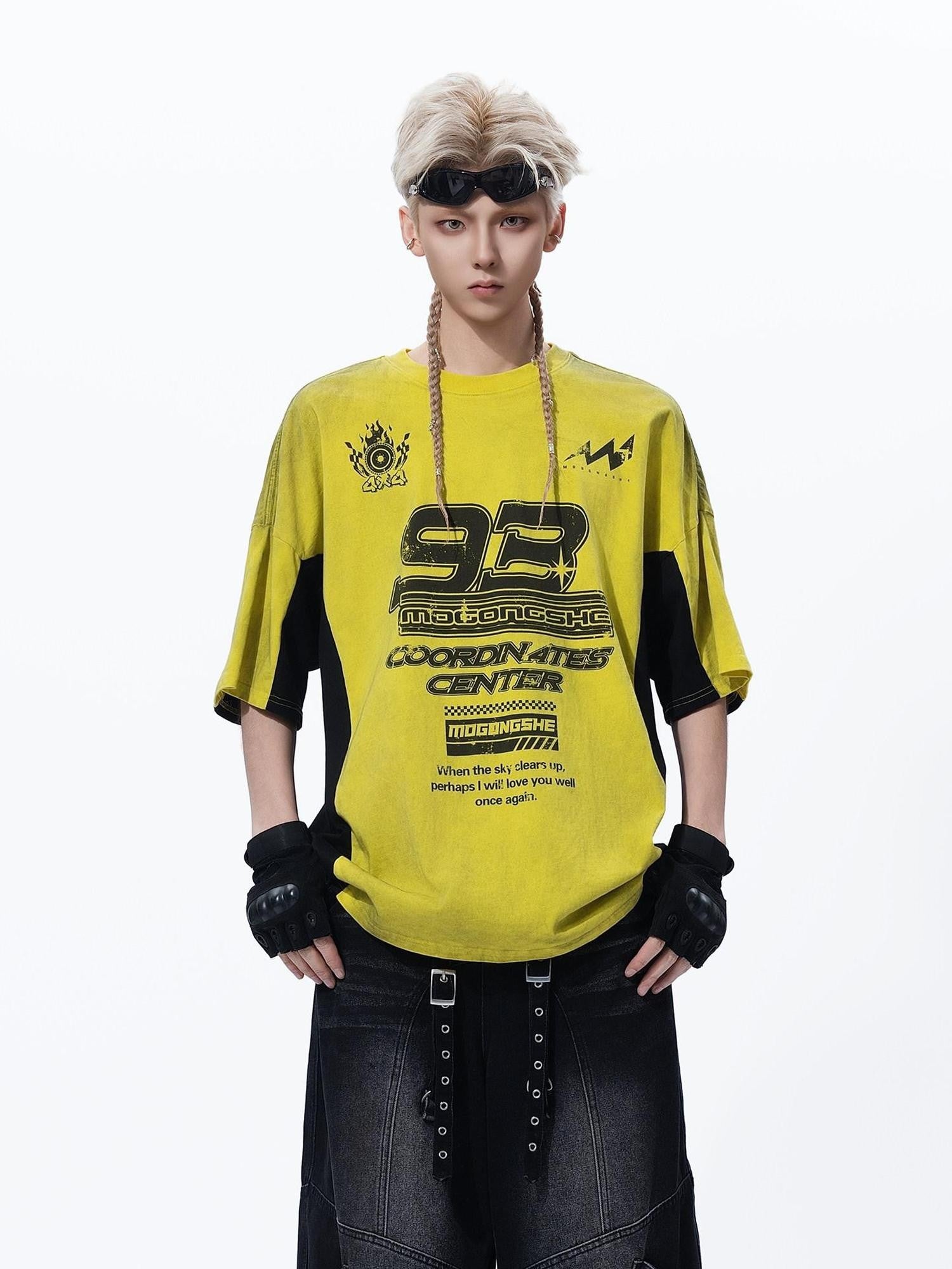 MOGONGSHE Yellow Patchwork Distressed Motorcycle Racing Women's Short Sleeve T-shirts