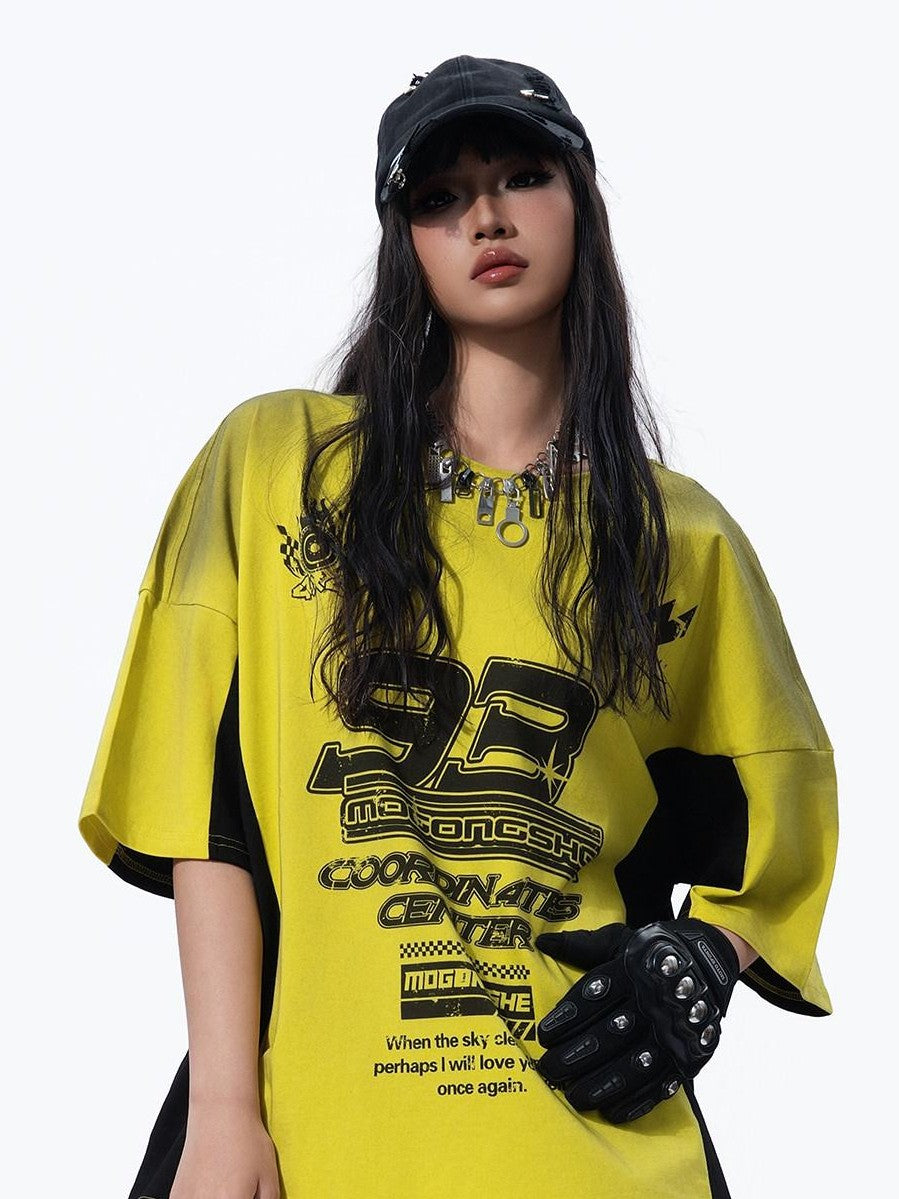 MOGONGSHE Yellow Patchwork Distressed Motorcycle Racing Women's Short Sleeve T-shirts