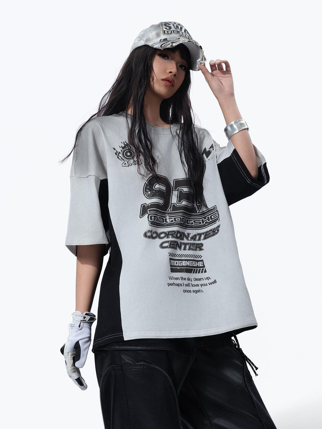 MOGONGSHE Yellow Patchwork Distressed Motorcycle Racing Women's Short Sleeve T-shirts
