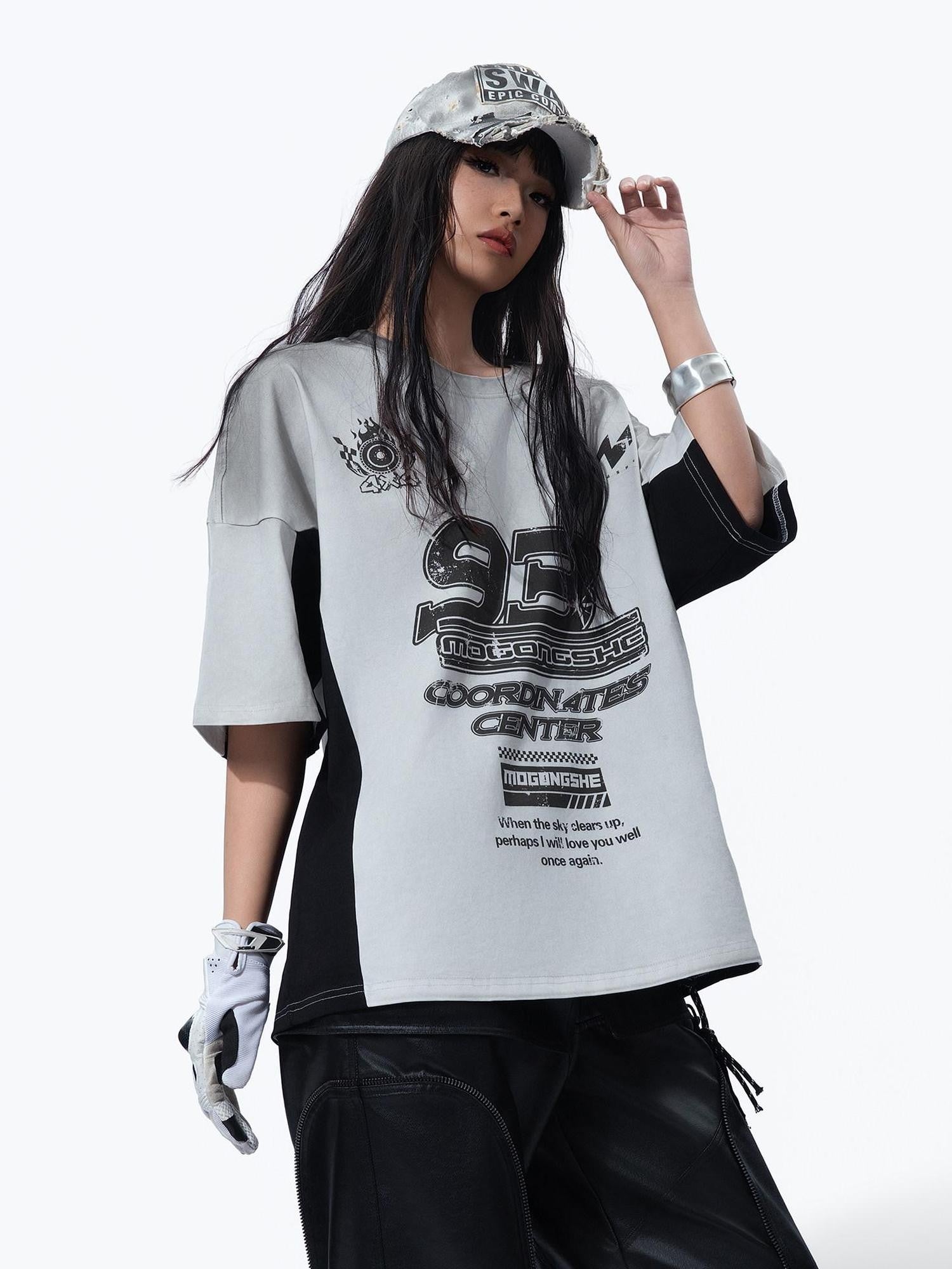 MOGONGSHE Yellow Patchwork Distressed Motorcycle Racing Women's Short Sleeve T-shirts