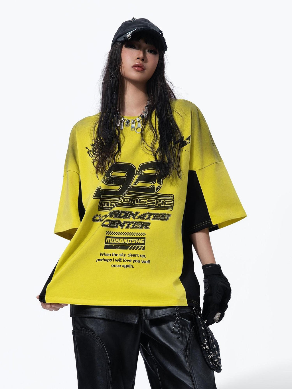 MOGONGSHE Yellow Patchwork Distressed Motorcycle Racing Women's Short Sleeve T-shirts