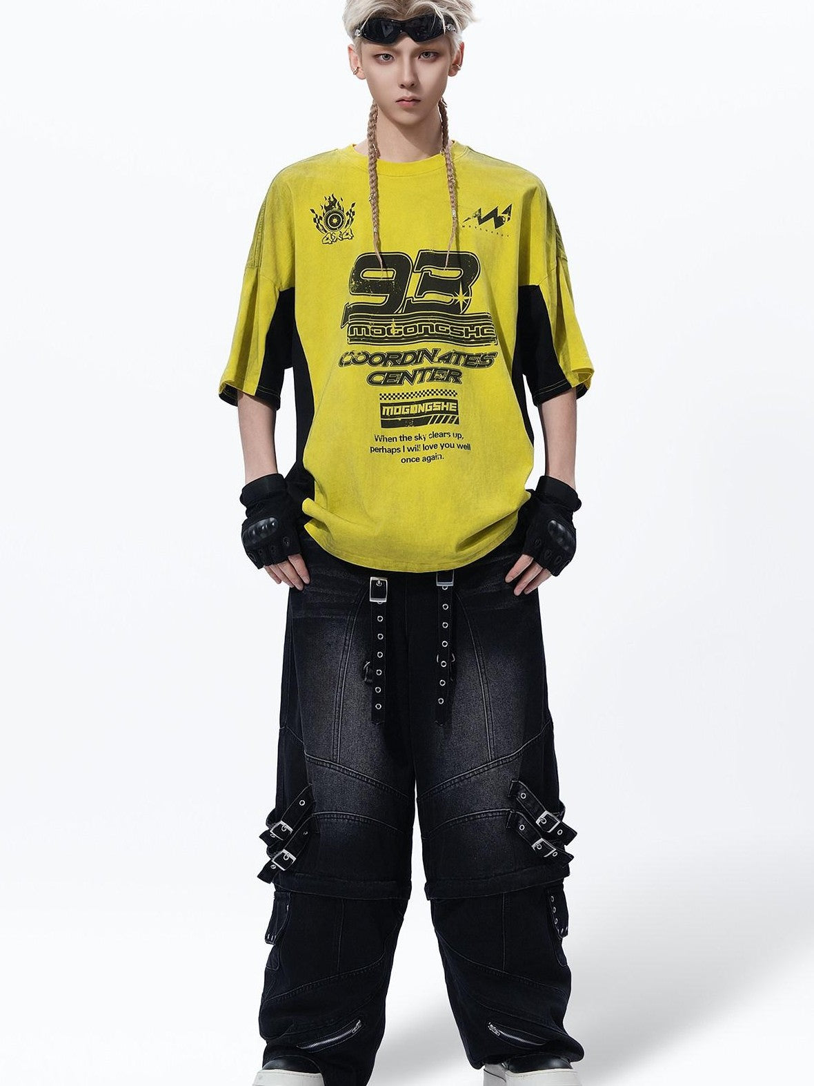 MOGONGSHE Yellow Patchwork Distressed Motorcycle Racing Women's Short Sleeve T-shirts