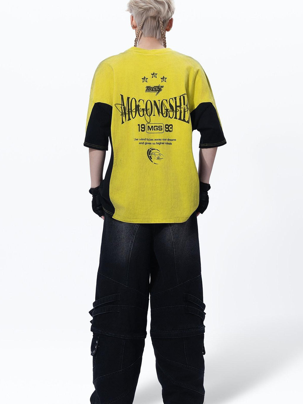 MOGONGSHE Yellow Patchwork Distressed Motorcycle Racing Women's Short Sleeve T-shirts