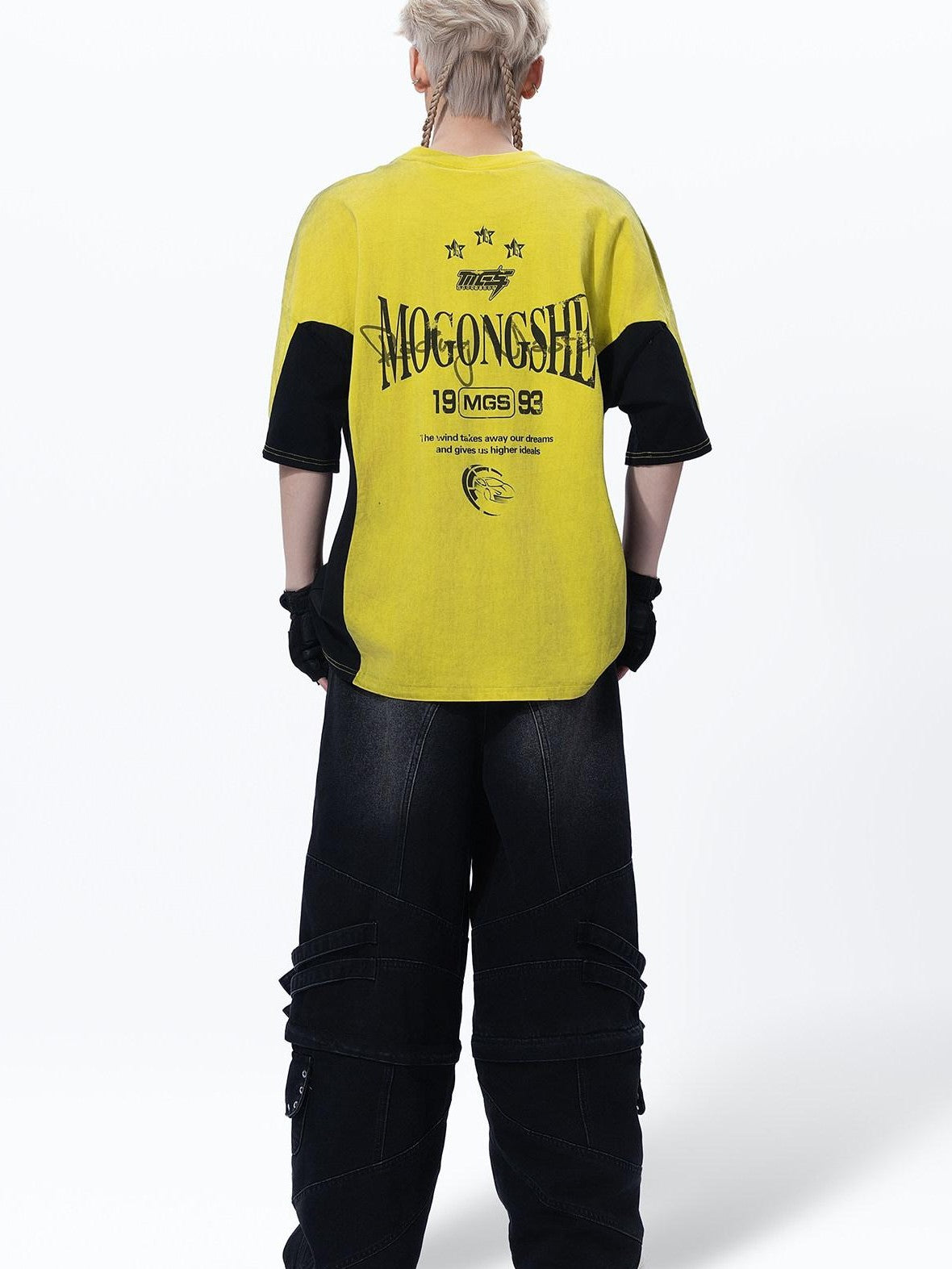 MOGONGSHE Yellow Patchwork Distressed Motorcycle Racing Women's Short Sleeve T-shirts