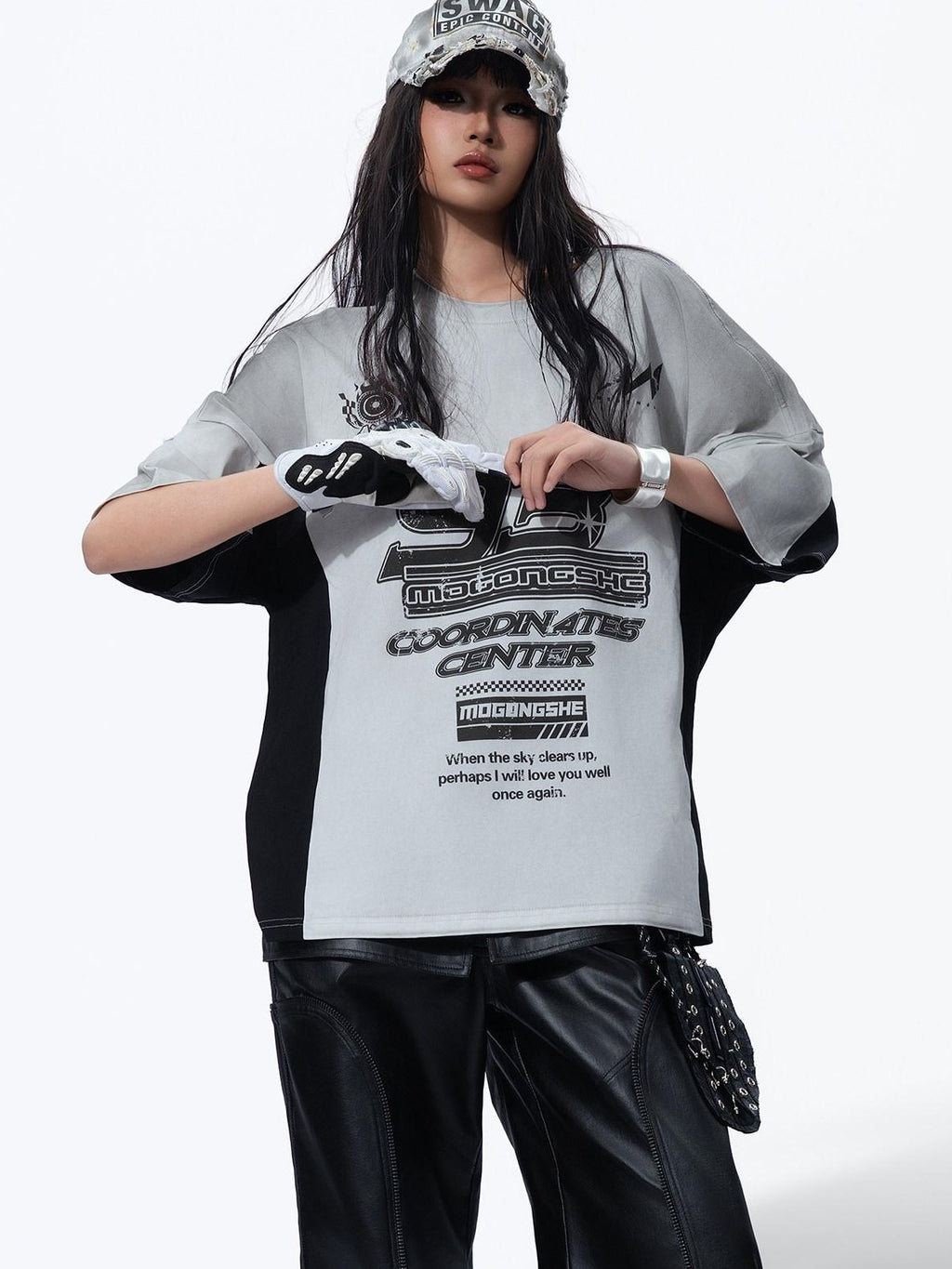 MOGONGSHE Yellow Patchwork Distressed Motorcycle Racing Women's Short Sleeve T-shirts