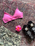 Miko esst Bubblegum Pink Lace Bow Strappy Back Layered Thin Pad Women's String Bikinis