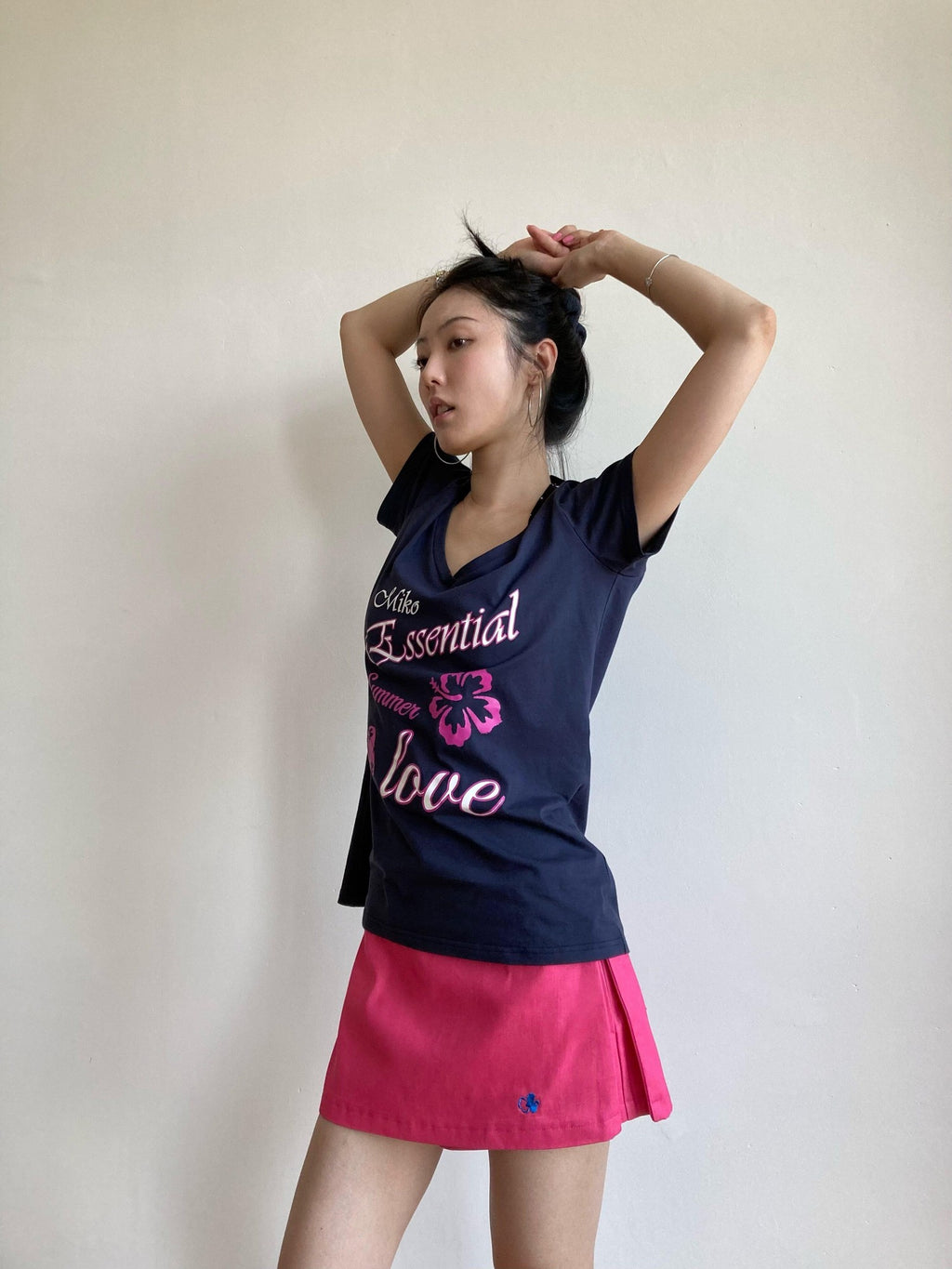 Miko esst Colorblock Rose Red Embroidered Low Waist A Line Women's Cotton Denim Skorts