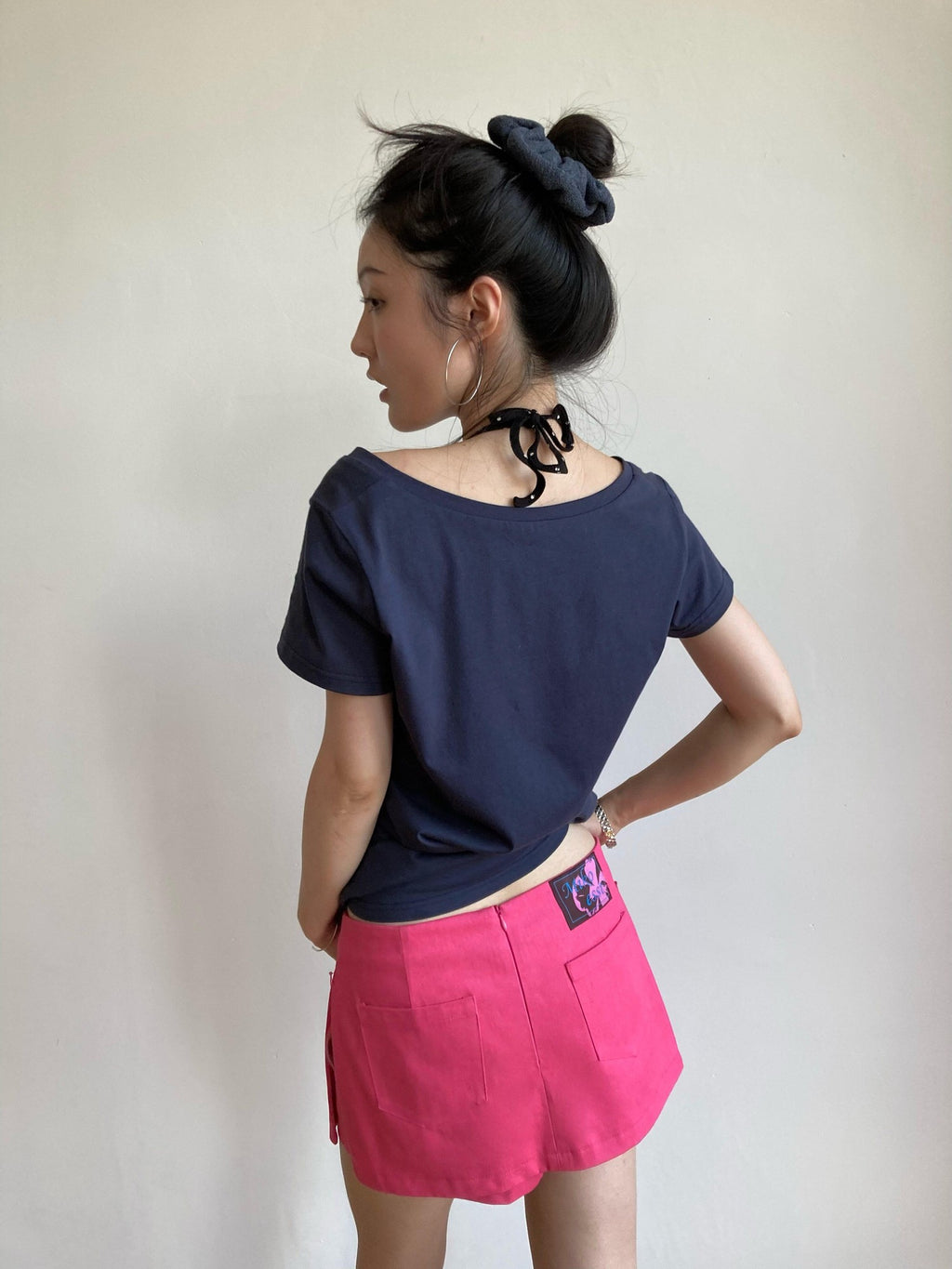 Miko esst Colorblock Rose Red Embroidered Low Waist A Line Women's Cotton Denim Skorts