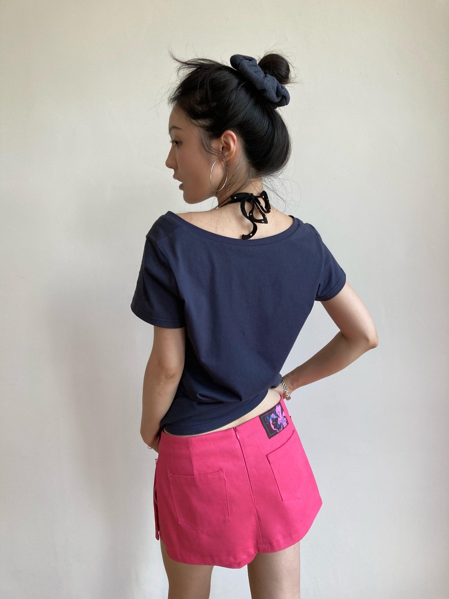 Miko esst Colorblock Rose Red Embroidered Low Waist A Line Women's Cotton Denim Skorts
