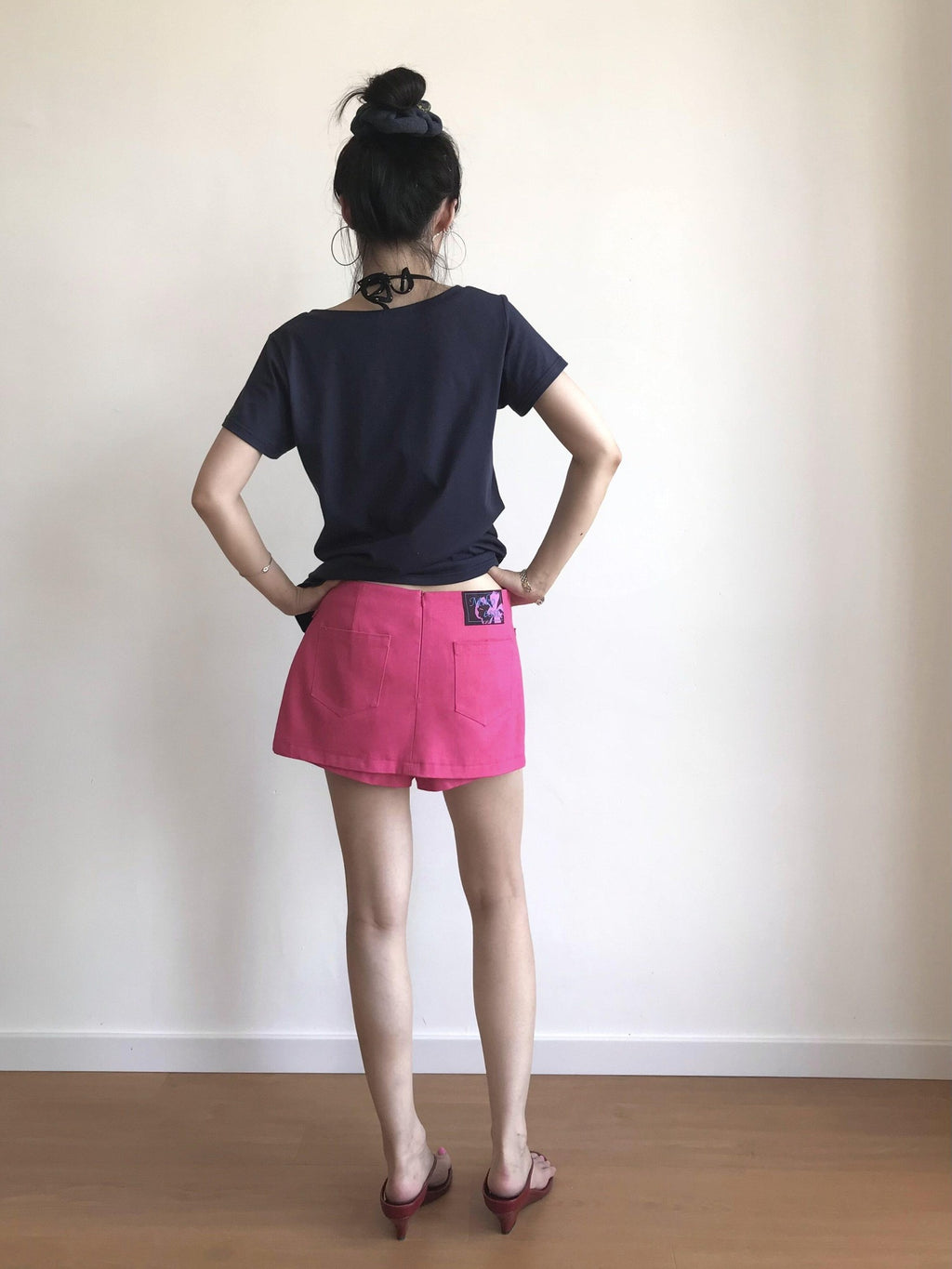 Miko esst Colorblock Rose Red Embroidered Low Waist A Line Women's Cotton Denim Skorts
