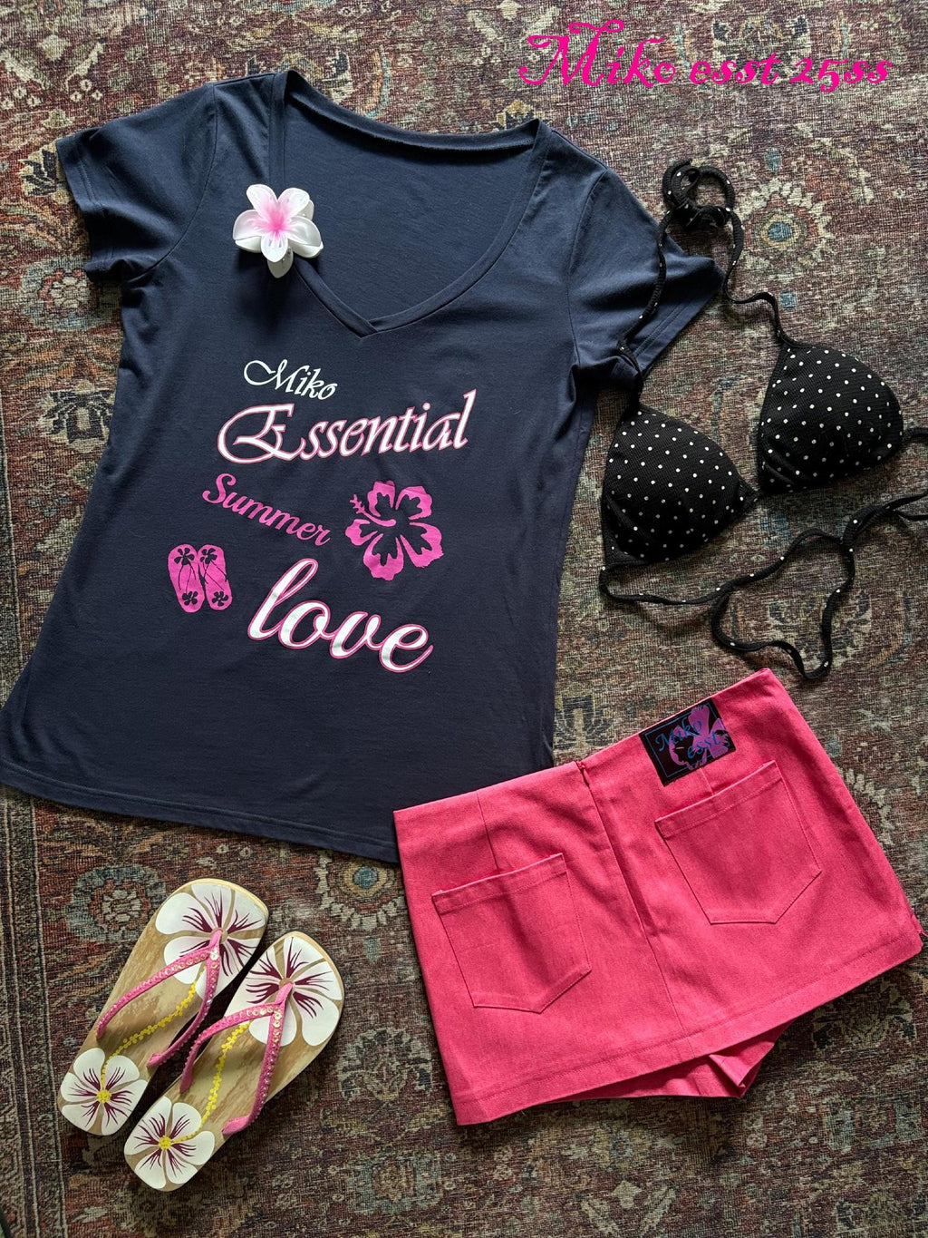Miko esst Colorblock Rose Red Embroidered Low Waist A Line Women's Cotton Denim Skorts