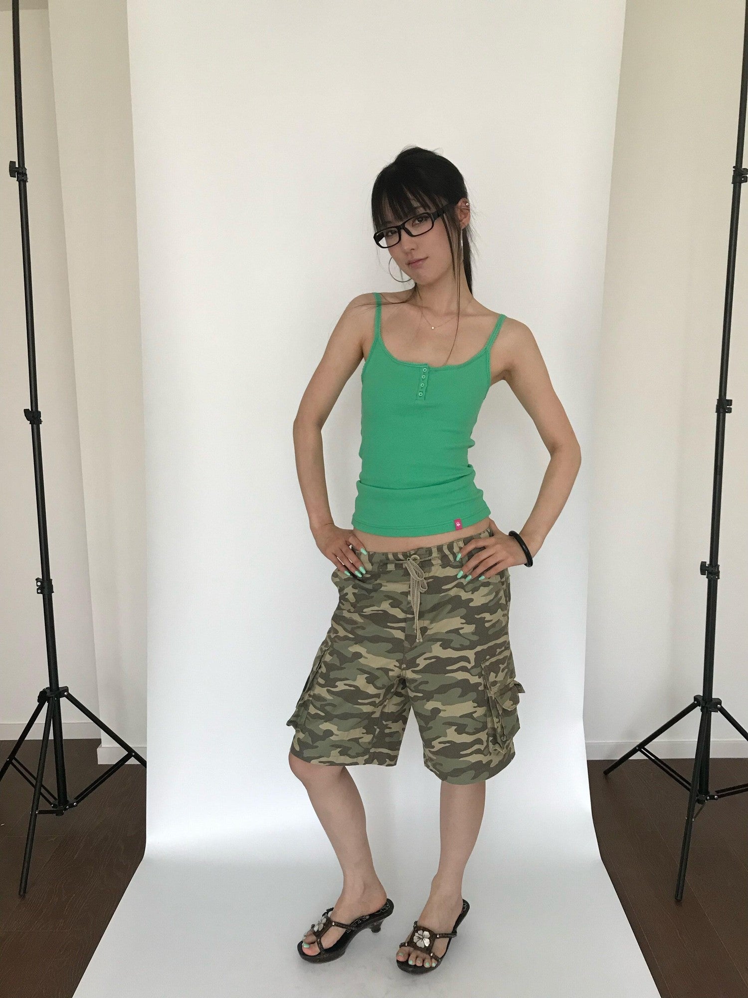 Miko esst Fruit Green Ribbed Lace Henley Button Collar Slim Women's Cotton Blend Camisoles