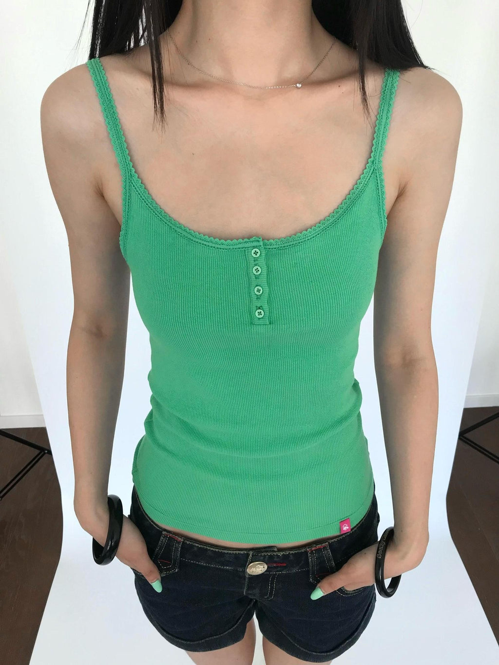 Miko esst Fruit Green Ribbed Lace Henley Button Collar Slim Women's Cotton Blend Camisoles