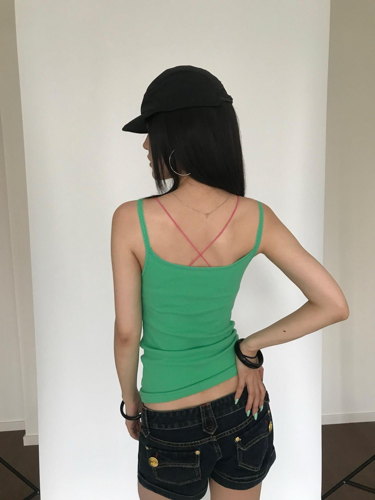 Miko esst Fruit Green Ribbed Lace Henley Button Collar Slim Women's Cotton Blend Camisoles