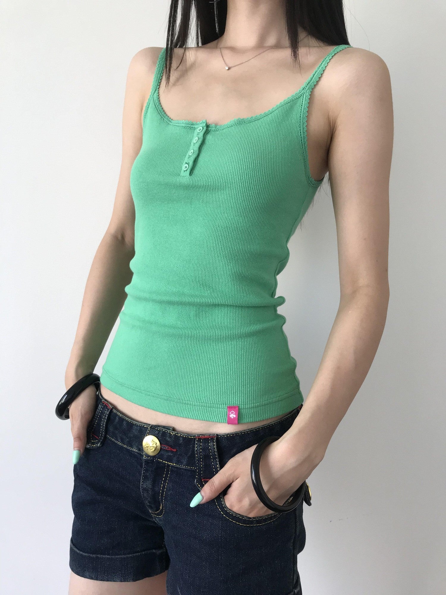 Miko esst Fruit Green Ribbed Lace Henley Button Collar Slim Women's Cotton Blend Camisoles
